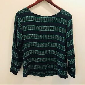 Club Monaco Silk Blouse XS navy blue green stripes long sleeve top shirt
